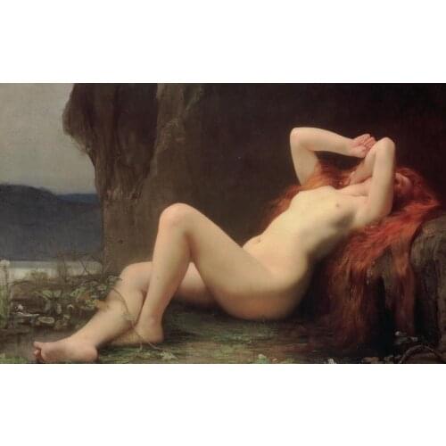 100%Handmade Huge Oil painting sleeping nude beautiful young woman by river in sunset view