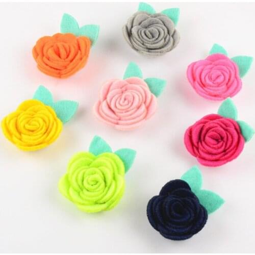 2000pcs/lot 1.6'' Cute DIY Felt Fabric Rose Flower with Leaf Girl Headwear Apparel Decoration 30 Color TH211