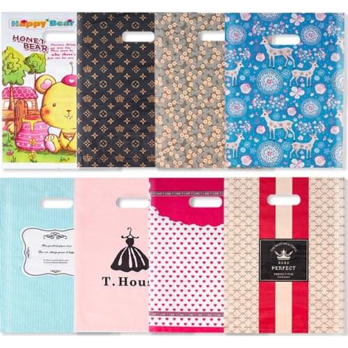 50Pcs/Lot Big Sizes Shopping Packaging Bags More Pattern Jewelry Plastic Bag With Handle Thicken Wedding Gift Bags 5 Sizes