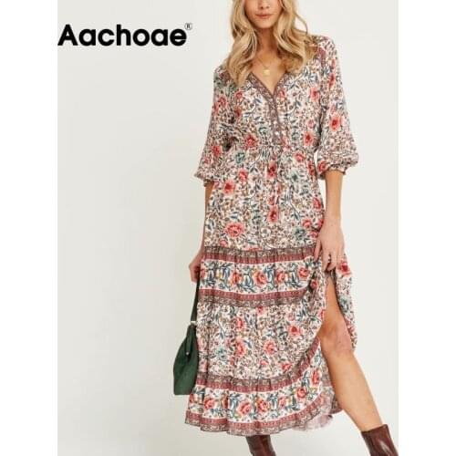Aachoae Women V Neck Floral Print Boho Long Dress Lantern Sleeve Chic Maxi Dresses 2021 Summer A Line Vintage Party Dress
