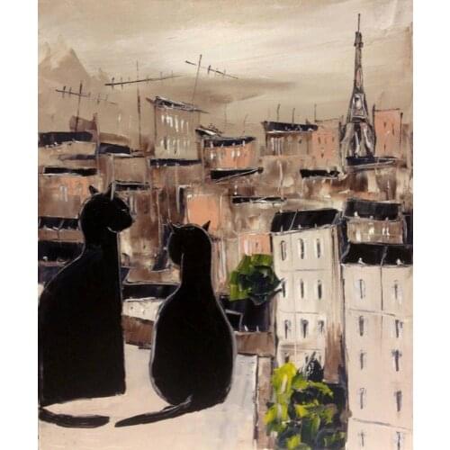 Contemporary Modern Abstract Wall Art Animal Painting Reproduction Black Cat and His Pretty on Paris Roofs Atelier de jiel