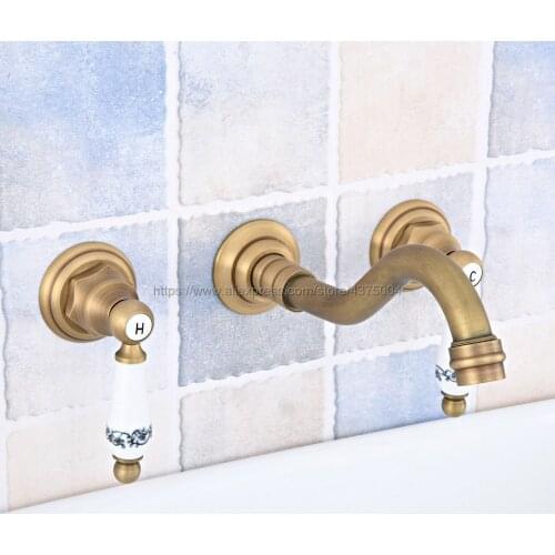 Antique Brass Bathroom Basin Sink Mix Tap Dual Handles Wall Mounted Kitchen Basin Sink Mixer Faucet Nsf530