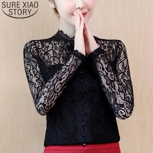 Autumn 2021 New Fashion Sweet Lace Women Blouses Long Sleeve Women Tops Hollow Slim Women Clothing O-neck Pullover 6151 50