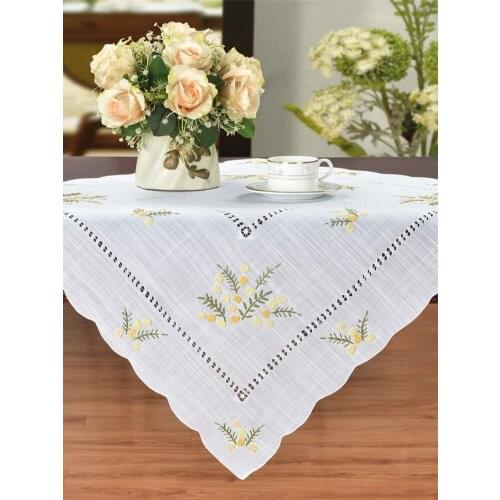 [Camellia Casa]Fresh Flower, Hemstitch Tablecloth,Linen Look & Washable,White/Small/Square Home,Restaurant,Airbnb, Cafe