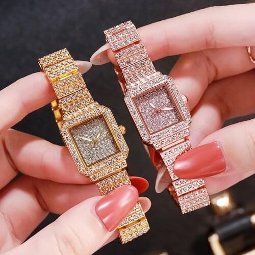 Luxury Watches for Women Cool Full Iced Out Gold Watch Women Rhinestone Wristwatch Oblong Shape Relojes Para Mujer Ladies Watch