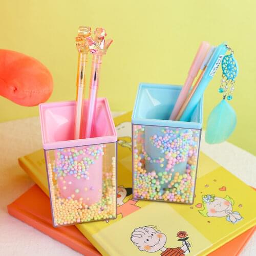 Creative Desktop Large Capacity Squar Shape Pencil Case Cute Foam Ball Style Transparent Pen Holder Decoration Storage