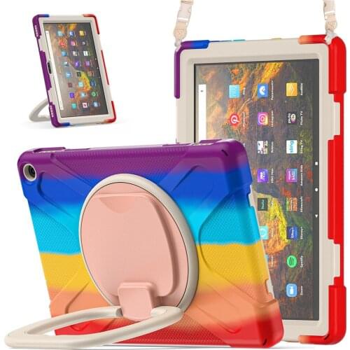 Fire HD 10 Plus Case 11th Gen 2021 Rotate Case Kids Shockproof Rugged Hard Cover for Kindle Fire HD 10 +Neck Strap+Handle Grip