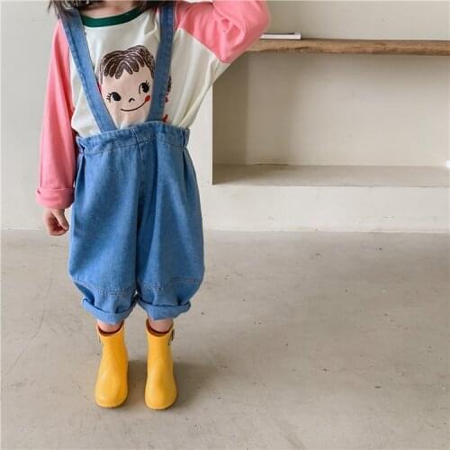 Childrens Jeans Straps Pants 2021 Autumn New Boys and Girls Simple Solid Cute Loose Casual Korean Straps Pants Kids Clothes