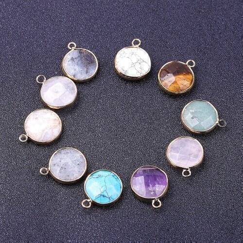 Gold Edged Faceted Round Chakra Stone Healing Crystal Pendant Charms for Jewelry Making Reiki Balancing Necklace Wholesale
