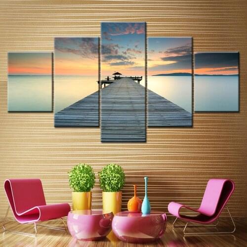 Canvas Painting the beautiful Seascape with sunset bridge 5 Pieces Wall Art Painting Modular Wallpapers Poster Print Home Decor
