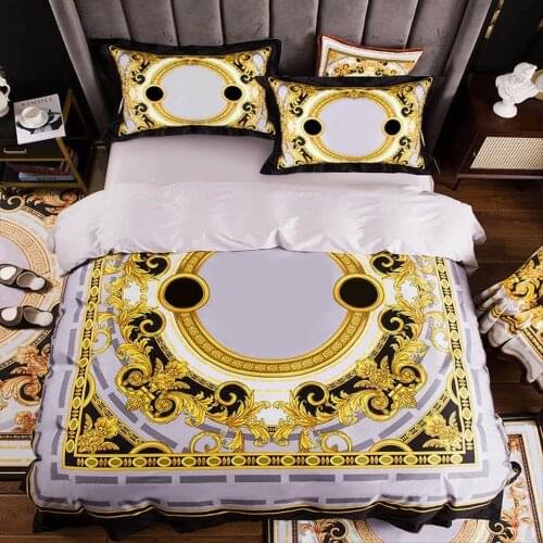 High End French Italy Design Yellow Pattern Print 4PCS King Queen Size Quilts White Blue Gold Bed Sheet Luxury Bedding Sets