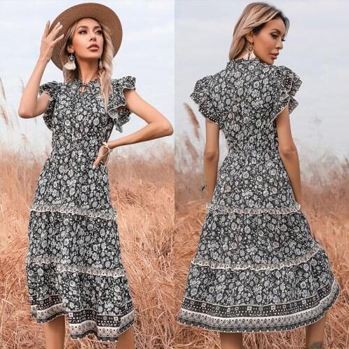Summer dress 2021 new European and American style floral trumpet sleeves fungus fashion woman dress long