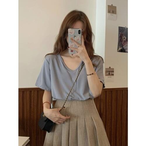 Short-sleeved Summer New Korean Version of The V-neck Loose Draped Top Female Student Basic Solid Color Round Neck T-shirt