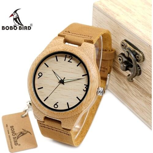 BOBO BIRD Bamboo Men Watches With Night Light Pointer Real Leather Quartz Watch relogio masculino Gift for Man Accept Logo W-A40