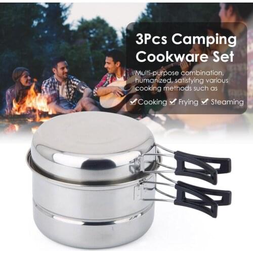 3Pcs Camping Cookware Set Portable Stainless Steel Cooking Pot and Pan Set Outdoor Cooking Tools Set for Picnic Camping Hiking