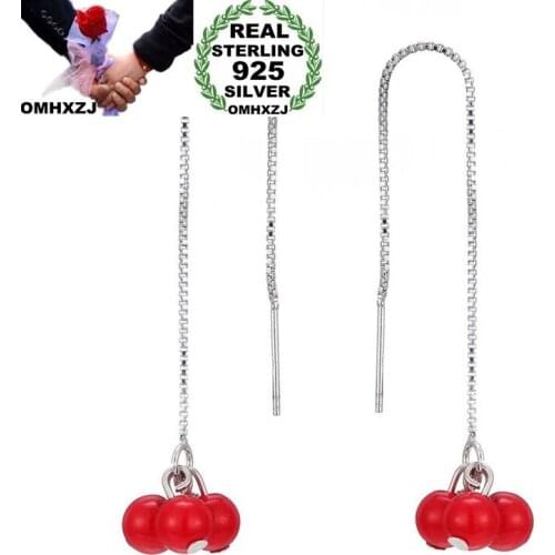 OMHXZJ Wholesale European Fashion Woman Girl Party Gift Long Tassel Red Bean Ear Lines 925 Sterling Silver Drop Earrings EA289