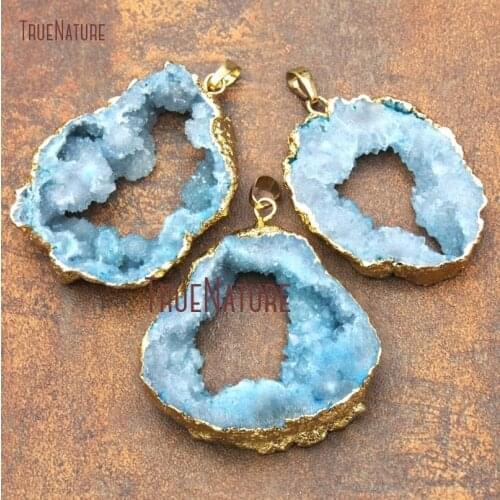 Pure Gold Color Free Form Pendant Blue Agates Geode Druzy Pendant 55x40mm PM12384