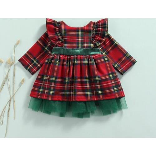 Newborn Christmas Dress Baby Girls Red and Green Plaid Fly Long Sleeve Round Neck Gauze Mesh Patchwork Big Bow Skirt