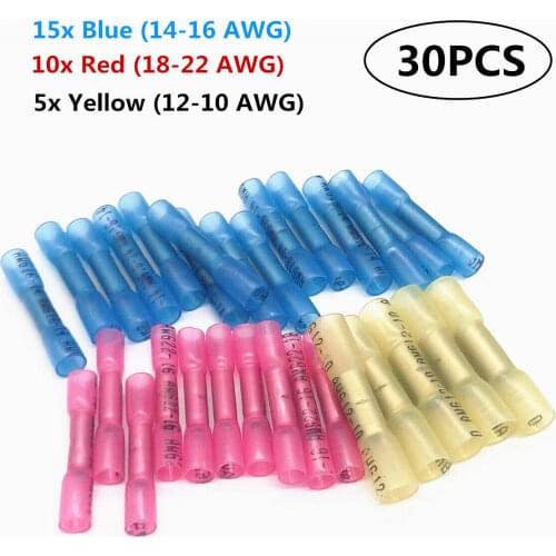 30Pcs Heat Shrink Wire Butt Connectors Electrical Cable Crimp Terminals Seal Waterproof Splice 22-10AWG