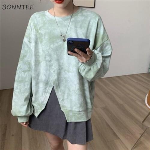 Hoodies Womens Autumn Tie Dye O-neck Split Harajuku Streetwear Ins Loose Long Sleeve Chic All-match Trendy New Arrival Female