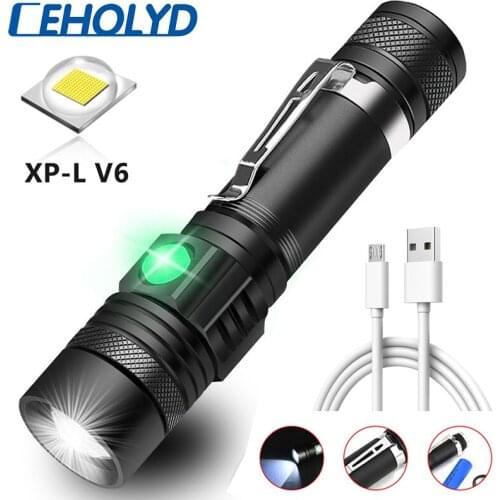 Ultra Bright LED Flashlight With XP-L V6 LED Lamp Beads Waterproof Torch Zoomable 4 lighting Modes Multi-function USB Charging