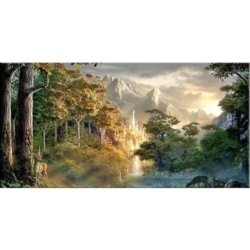 Castle forest waterfall 5D DIY Cross Stitch,Diamond Painting square round diamond Mosaic Embroidery crafts Home Decoration