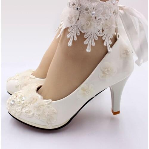 Ivory lace flowers women shoes handmade elegant satin riband tassel lace straps bridal wedding shoes bride NQ196 different heels