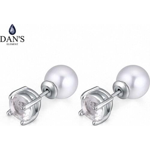 DANS ELEMENT Real Big Brand AAA Zirconia White Gold Color Simulated Pearl Fashion Ball Stud Earrings For Women 113697White