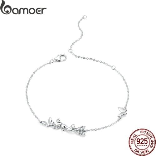 Bamoer Cat & Butterflies Link Chain Bracelet for Women 925 Sterling Silver Bracelets with Charms Anniversary Gifts SCB195