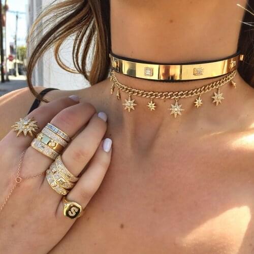 32+8cm hip hop bling Gold filled women choker Miami Cuban link chain with starburst star charm choker necklaces