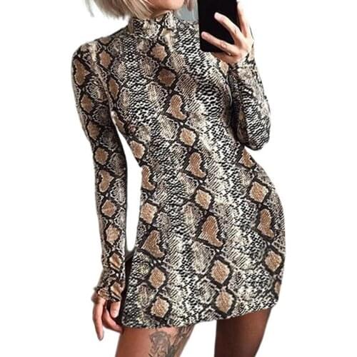 2022 Spring Women Printed Slim Dress Long Sleeve Womens Crew Neck Mini Dress Girls Party Solid Streetwear Sexy Snakeskin Dress