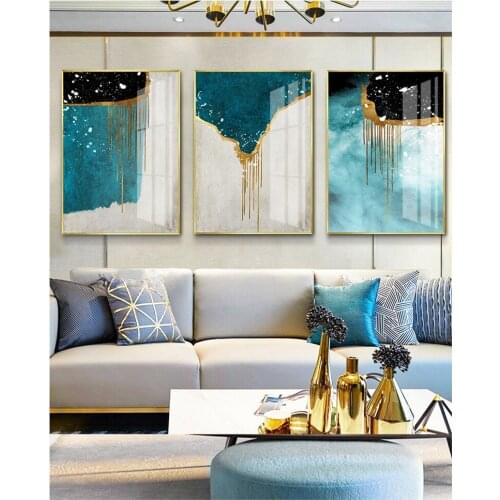 Abstract Patchwork Geometric pattern Blue gilt Golden line modern decorative Picture Canvas Wall Art Poster for room hotel decor