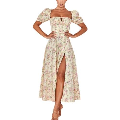 Boho Floral Print Puff Short Sleeve Fashion Women Dress Square Neck Split Party Long Dresses Lace Up Summer Holiday Beach Dress