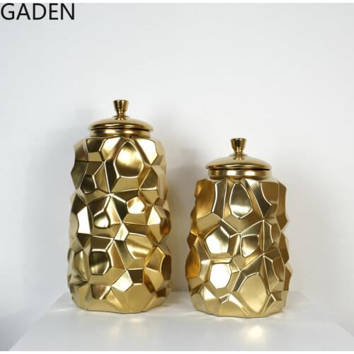 Nordic Geometric Ceramic Decorative Jars Gold-plated Multilateral Grid Storage Jar Ornaments Modern Home Decoration Accessories