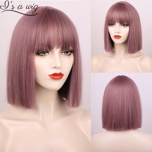 Is a Wig Short Purple Straight Bob Wigs with Bangs for Women Synthetic Wigs Cosplay Ombre Black Pink Hair