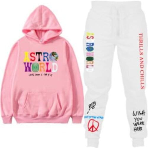 Two Pieces Set Hooded Sweatshirts Autumn Winter Fleece Hoodies+Pants Letters ASTROWORLD HOOD Men Women Hip Hop Sportswear Suit