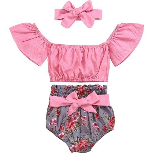 3PCS Toddler Baby Girls Summer Clothes Set Infant Kids Baby Fashion Off Shoulder Tops Vest+Floral Shorts+Headbands Outfits Suit