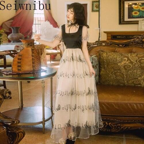 2020 summer Runway Dresses butterfly Embroidery Mesh dress Bow tie Neck Puff sleeve Big Swing Party elegant Dress