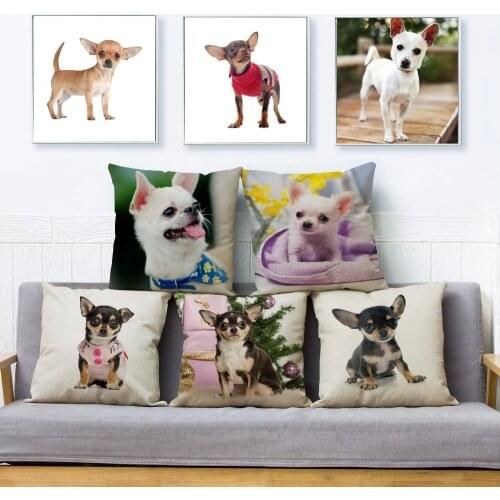 Cute MINI Pet Dog Chihuahua Print Throw Pillow Cover 45*45 Square Cushion Covers Linen Pillow Case Sofa Home Decor Pillows Cases