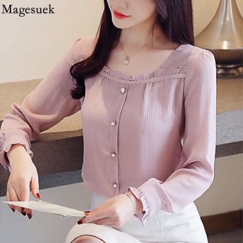 Fashion Autumn Square Collar Chiffon Shirts Korean Long Sleeve Blouse Women Sweet Women 2021 New Tops Blusas Mujer Clothes 15629