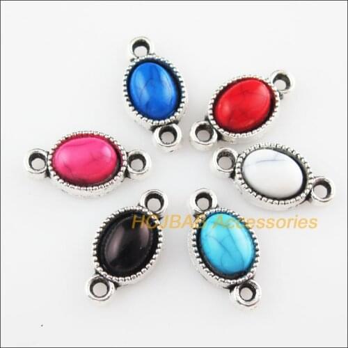 Fashion 24Pcs Tibetan Silver Oval Mixed Stone Charms Pendant Connectors 8.5x16.5mm