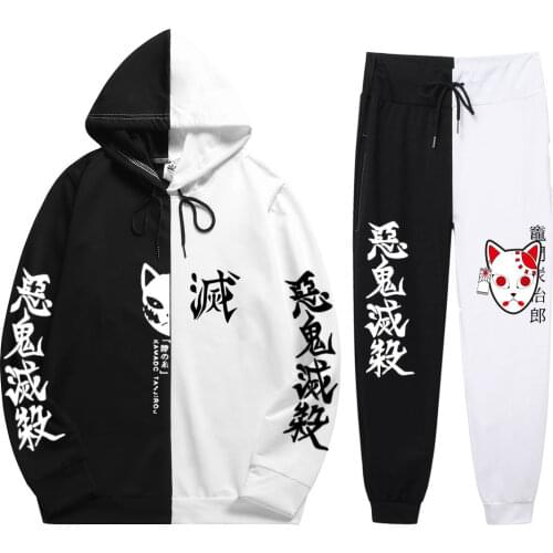 Mens 2 Pieces Sets Anime Harajuku Demon Slayer Print Patchwork Thin Hoodie+PatchworkPants New Summer Sweatshirt HipHop
