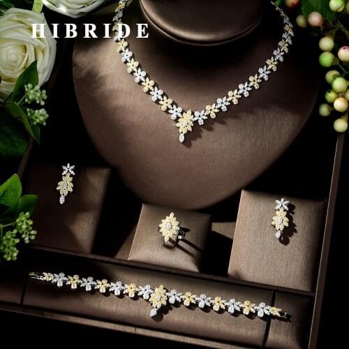 HIBRIDE Bright AAA Cubic Zircon Leave Jewelry Sets Accessories Statement Necklace 4pcs Set for Women Wedding Party Jewelry N-235