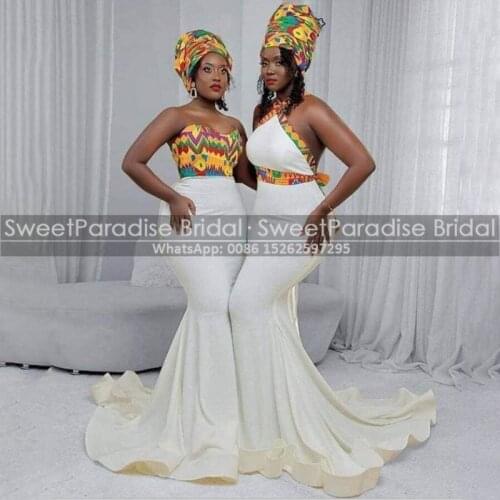 Printing Fabric Memaid Prom Dresses African Women Long Court Train Sweetheart Neck Sleeveless Graduation Dress Party Gown