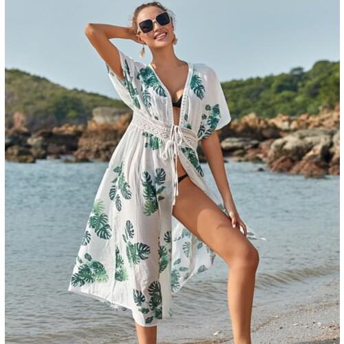 Leaves Print Beach Dress Saida De Praia Cotton Beach Kimono Beach Pareos De Playa Mujer Bikini Cover Up Swimsuit Cover Up