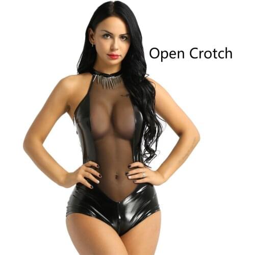 Sexy Open Crotch Leather Bodysuit for Sex Crotchless Erotic Sexi Latex Lingerie Catsuit See Through Breast Exposing Jumpsuit