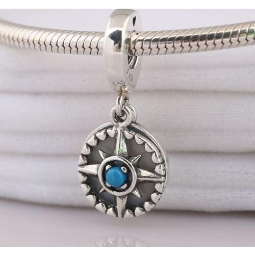 S925 Pendant DIY Jewelry Compass Rose Dangle Charm fit Lady Bracelet Bangle Enamel & Cyan Blue Clear CZ