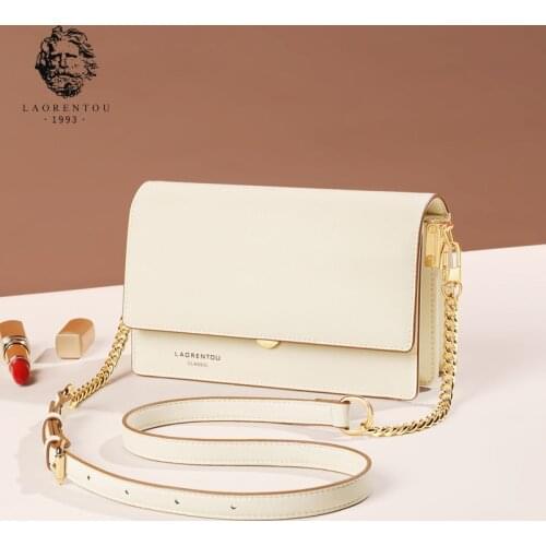 LAORENTOU Simple Casual Lady Cross-body Bag Cowhide Fashion Womens Mini Shoulder Messenger Bag Elegant Solid Flap Phone Bag