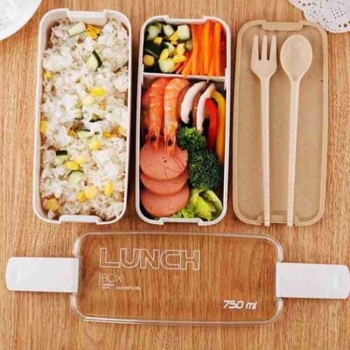 Three-layer Plastic Lunch Box With Fork Spoon Japanese Style Portable Wheat Straw Bento Food Box For Microwave Dinnerware