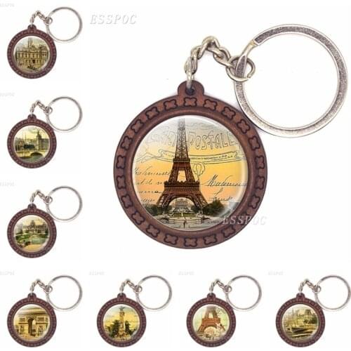 Arc De Triomphe Notre Dame De Paris Eiffel Tower Art Wooden Keychain Glass Cabochon Jewelry Women Men Pendant Key Chain Gifts